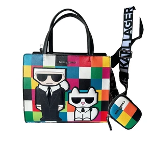 NWT $198 Karl Lagerfeld Maybelle Satchel Checker Karl Cat Crossbody & Coin Purse - Picture 1 of 4