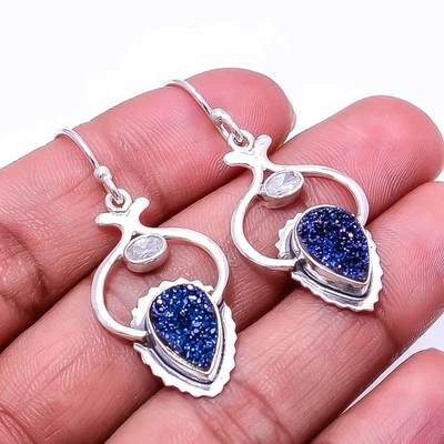 Pendiente Eléctrico Azul Titanio Ágata Drusy Plata de Ley 925 1.72" E_9437_2348 Foto 1 de 4