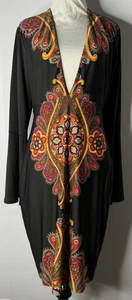 Venus Dress Womens L Black Paisley Bell Sleeve Boho Colorful Deep V Stretch FLAW - Picture 1 of 14