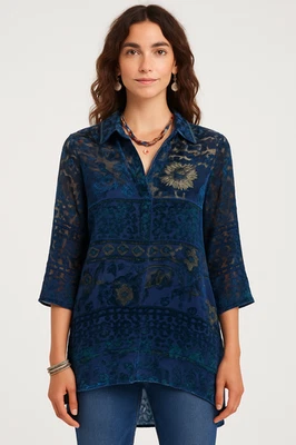 Sundance бархата выгорания цветочный туника верхний синий зеленый богемное шелковая смесь M праздник - Изображение 1 из 4
