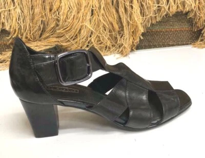 Zapato de tacón 5th Avenue para mujer de cuero negro con punta abierta talla 9 152029 Foto 1 de 4