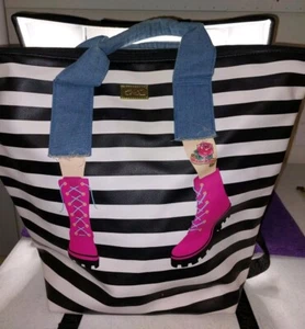 Large Betsey Johnson Denim Jean Design Backpack Purse Y2K Striped Fun Purse - Picture 1 of 23