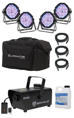 (4) Eliminator American DJ Mega Flat PAK EP RGBUV Wash Lights+Bag+Fog Machine - Image 1 of 4