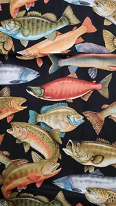 1 Yd. Nautical Trout Fish Tails Cotton Fabric, "Off the Hook", RJR - Picture 1 of 4