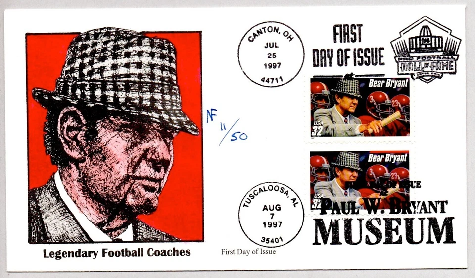 BEAR BRYANT LEGENDARY ALABAMA, KENTUCKY FOOTBALL COACH HAND COLORED FDC - Image 1 of 1