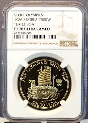 1986 SOUTH KOREA GOLD 50000 WON TURTLE BOAT NGC PF 70 ULTRA CAMEO PERFECTION - Image 1 of 3