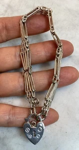 Vintage Sterling Silber Tor Herz Vorhängeschloss Gliederkette Armband - Bild 1 von 16