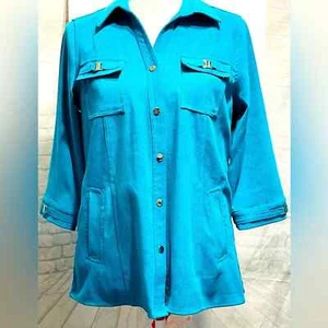 JM Collection Petite Suede Jacket Light blue, short sleeves, silver trim. SZ Med - Picture 1 of 7