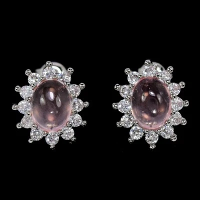 BRINCO DE PRATA ESTERLINA 925 NATURAL AAA QUARTZO ROSA OVAL E BRANCO CZ - Imagem 1 de 4