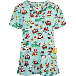 V-Neck Stretch Microfiber Christmas Scrub Top, Christmas Owls Santa Claus, M - Picture 1 of 2