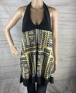 Madrag Halter Top Medium Black Yellow Orange Abstract Pattern Stretch Tie Back - Picture 1 of 12