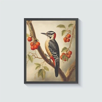 Pôster com estampa de arte vintage Woodpecker Bird pintura de arte de parede - Imagem 1 de 4