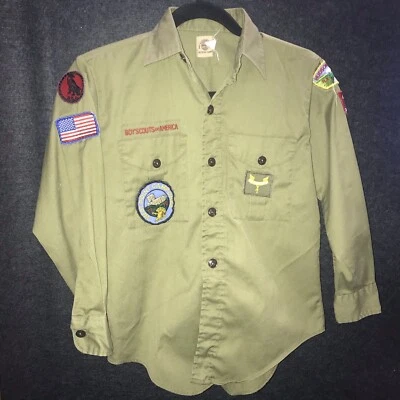 Boy Scouts of America Vintage Uniform Shirt Adult Khaki Green Long Sleeve 70s - Image 1 of 4