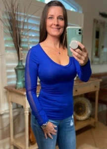Sexy Mesh Sleeve Slimming V-Neck Low Cut Long Sleeve Tissue Shirt Top Royal Blue - Picture 1 of 4