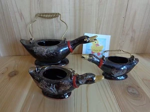 BROWN DUCK TEAPOT Creamer and Sugar Bowls Set of 3 No Lids Ceramic Wire Handles - Picture 1 of 7