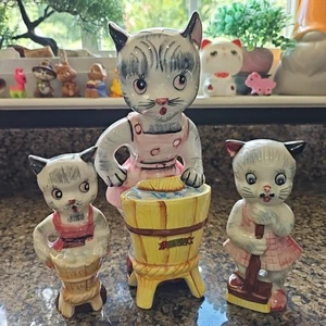 Vtg Tall 8.5" Anthropomorphic Girl Cat Mom Cleaning Ceramic Figurines Kitsch - Picture 1 of 24