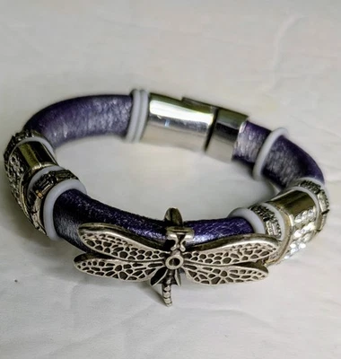 Metallic Purple Leather Cuff Braclet Dragonfly Charm Crystal Beads Magnetic - Image 1 of 4