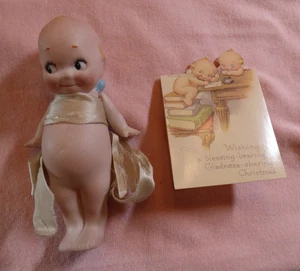Marvelous Antique 5" Rose O'Neill Bisque Kewpie Sticker Silk Ribbon Signed foot - Picture 1 of 11