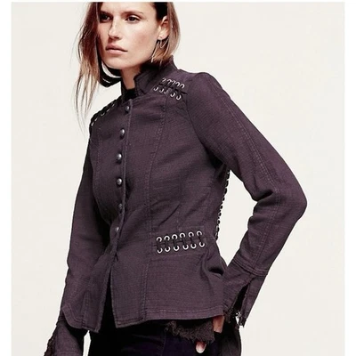 FREE PEOPLE Victorian Lace Up Military Jacket Corset Style Ruffle Lace Trim Sz M - image 1 of 4