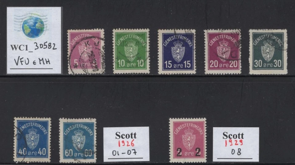 WC1_30582. NORWAY. 1926-28 official stamps. Sc. O1-O7,O8. Used & MH - Image 1 of 1