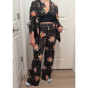 Vintage 1970's 3 Piece Outfit Flare Pants Halter Top Cardigan Floral Black - Picture 1 of 13