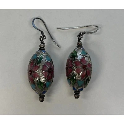 Vintage Cloisonne Enamel Floral Silver Dangle Earrings - Изображение 1 из 4