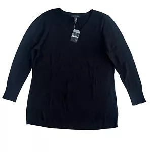 H By Halston Women’s Sz Large Black V-neck Long Sleeve Ribbed Knit Sweater Tunic - Picture 1 of 16