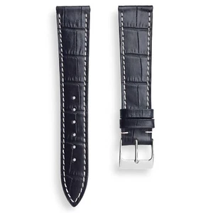 20mm Thin Black Alligator Grain Leather Watch Band Strap Contrast White Stitch - Picture 1 of 5