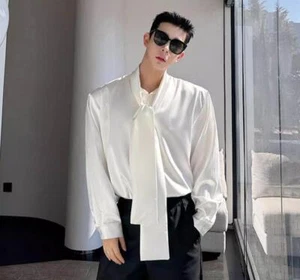 Camisa de vestir informal de manga larga con pajarita de satén de moda coreana de 2024 para hombres jóvenes 429 - Imagen 1 de 14