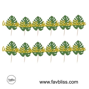 12pcs Wild One Monstera Glitter BIRTHDAY CUPCAKE CELEBRATION TOPPERS PRECUT - Picture 1 of 3