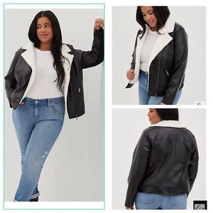 Torrid Womens Faux Leather Moto Jacket Size 10 Asymmetrical Zip Up Sherpa Bomber - Picture 1 of 15