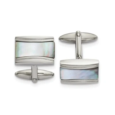 Stainless Steel Polished Rectangle Mother of Pearl Cufflinks - Image 1 of 3