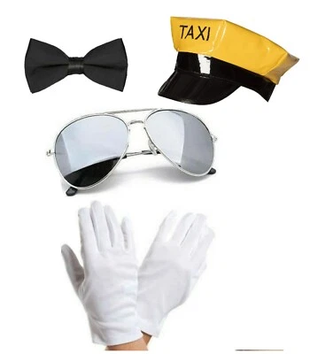 4 piezas Conductor Limusina Taxi Conductor Elegante Vestido Disfraz Sombrero Gafas Guantes y Moño Corbata Foto 1 de 4