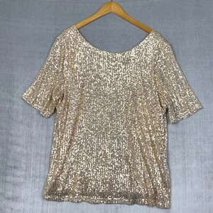 Gibson Womens Gold Sequin Top 2X Short Sleeve Relaxed Fit Party Glam Dopamine - Picture 1 of 9
