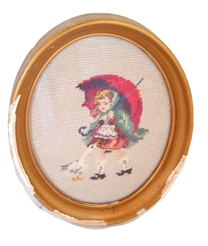Vintage Needlepoint Girl With Umbrella Duck Rainy Day Framed Picture shabby Cover
