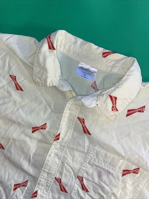 Budweiser Men’s Large Yellow Short Sleeve All Over Logo Print Camp Shirt - Image 1 of 4