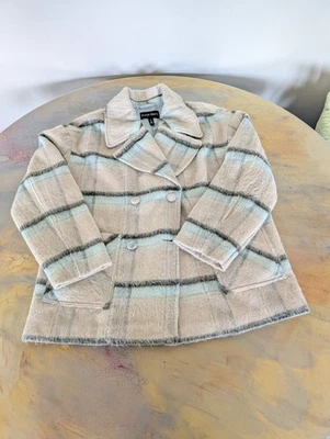 Ellen Tracy Women's Cream Black Oversized Double-Breasted Plaid Pea Coat Size L - Image 1 of 4