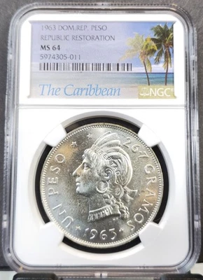 Hermosa moneda 1963 República Dominicana plata 1 peso mujer nativa NGC MS 64 Foto 1 de 3