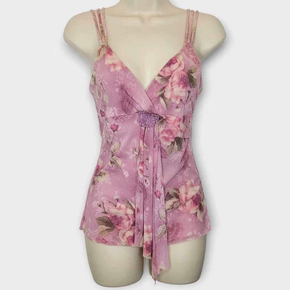 Vtg Y2K Express Babydoll Mesh Tank Top S Mauve Floral - Image 1 of 4