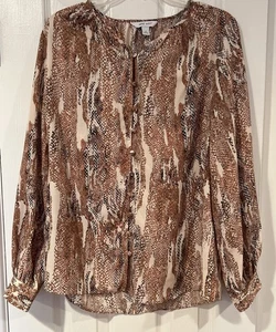 Nine West Womens Button Up Blouse Orange Snake Animal Print Long Sleeve Small - Picture 1 of 10
