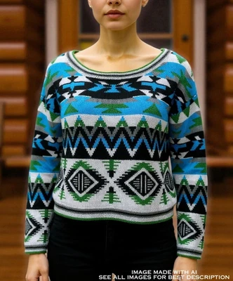 Suéter Recortado Southwestern M Gran Tamaño Cuello Barco Western Vaquera Cabina Foto 1 de 4