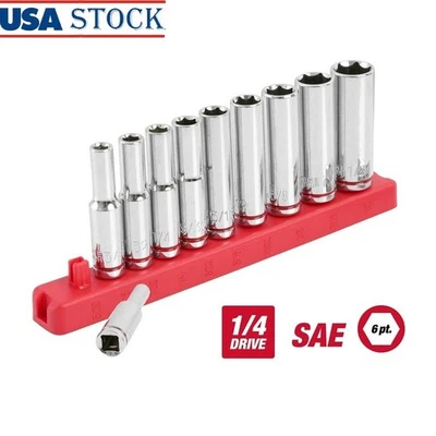 1/4 Inch Drive Deep SAE Socket Set 11 Piece Chrome Vanadium Steel W/ Socket Rail - Image 1 of 4