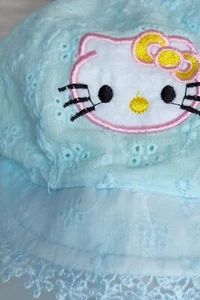 One Of A Kind Hello Kitty Aqua Eyelet Baby Sun Hat With Sheer Veil 0-6 Months** - Picture 1 of 10