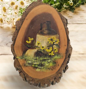 Quadro 1979 Marcia Watson fiori gialli su legno, arte popolare vintage, albero 10" - Foto 1 di 11