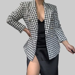 Zara Neu Ecru/Schwarz Langarm Reverskragen Kariert Zweireiher Blazer Gr. L - Bild 1 von 16