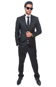 Slim Fit Suit Black Tuxedo 2 Button Trim Collar Fitted Flat Front Pants By AZAR - Picture 1 of 5