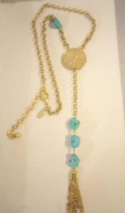 Collar largo en Y tono dorado Chico's piedras turquesa libélula flor disco cadena - Imagen 1 de 6