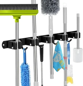 5 Racks and 4 Hooks Mop and Broom Holder Wall Mount, Self Adhesive Heavy Duty... - Picture 1 of 7