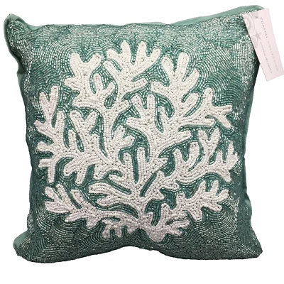 Coastal Collection Turquoise White Coral Beaded Decor Pillow Beach Ocean 14x14 - Image 1 of 4