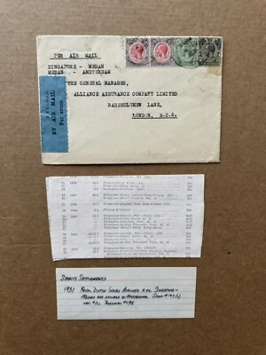 Singapur 1931 FFC + Par Franking KGV 35C + Singapur-Medan + Etiqueta Azul P&T 25 AM Foto 1 de 3